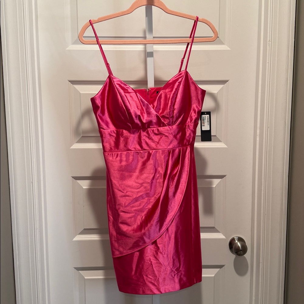 City Studio Pink Satin Mini Dress L NWT Ruched Bodycon‎ Party Cocktail Gla